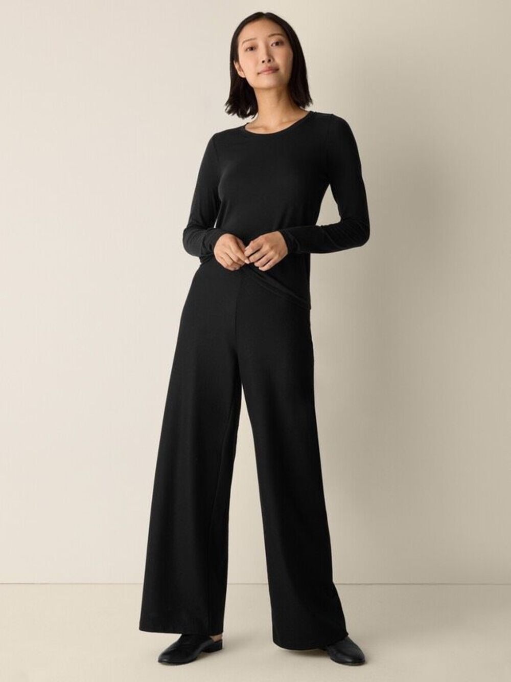 Eileen Fisher Felted Wool Jersey Wide-Leg Black Sz Medium Pants